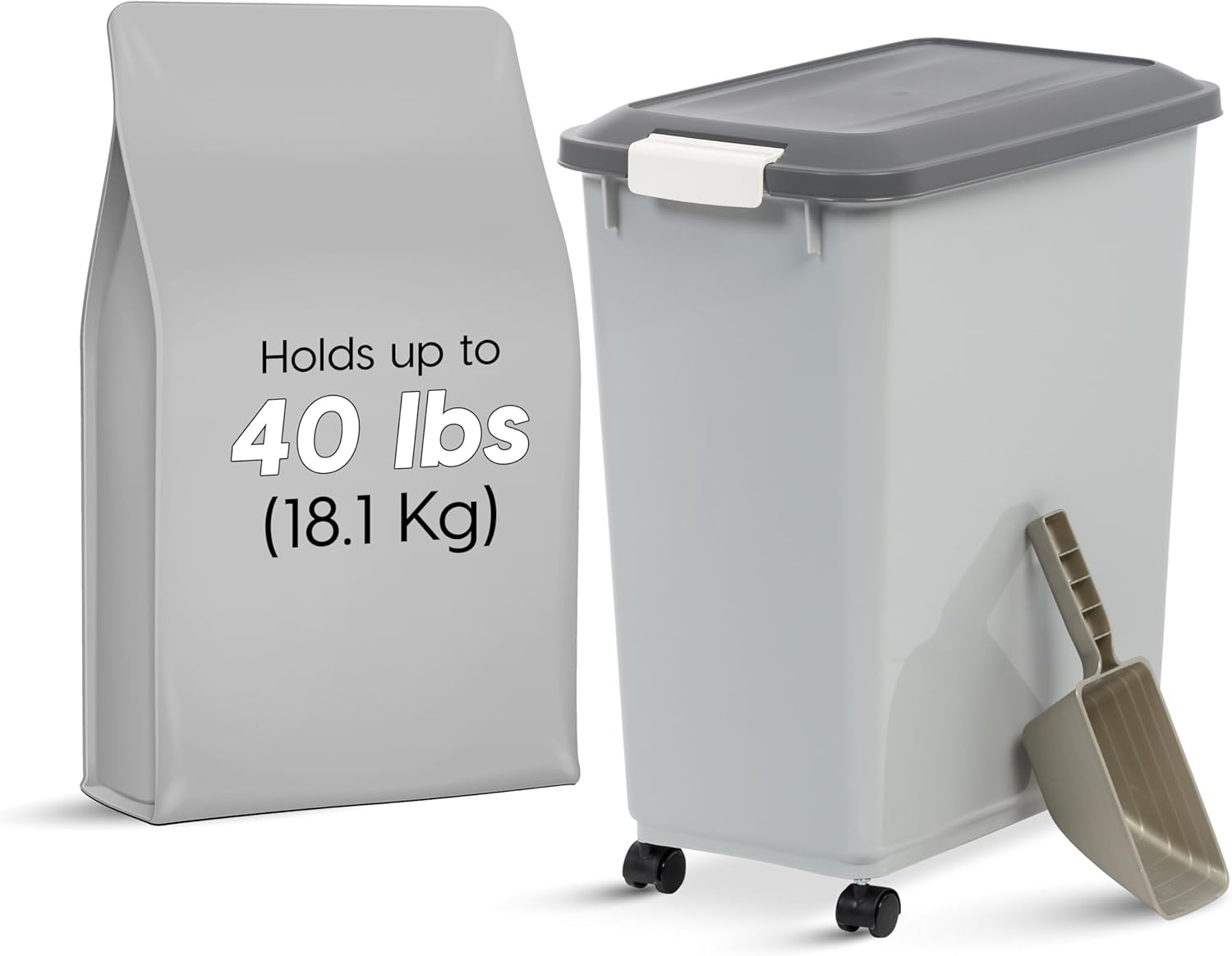 Dog Food Storage Container with Wheels, Airtight Lid, 2-Cup Scoop