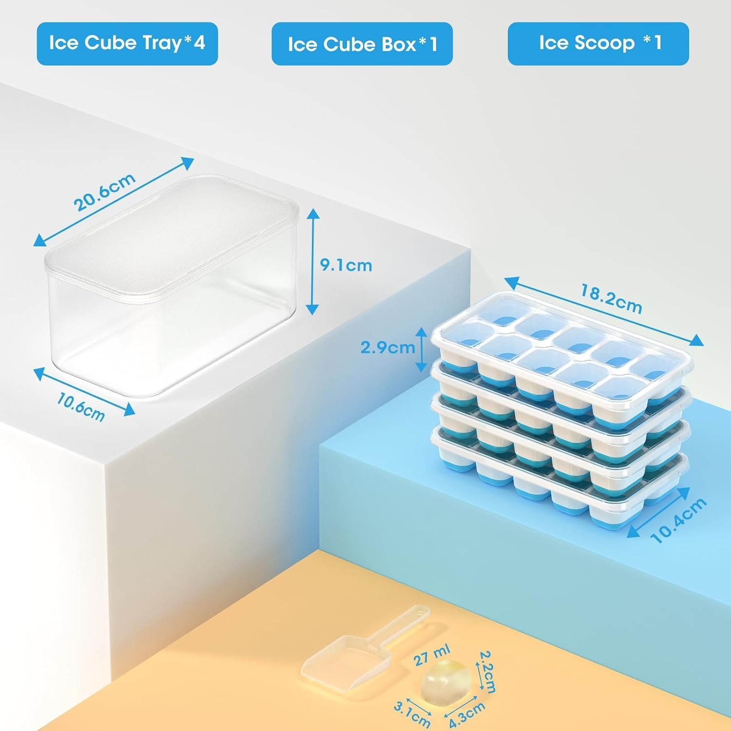 Ice Cube Tray with Lid and Bin, 4 Pack