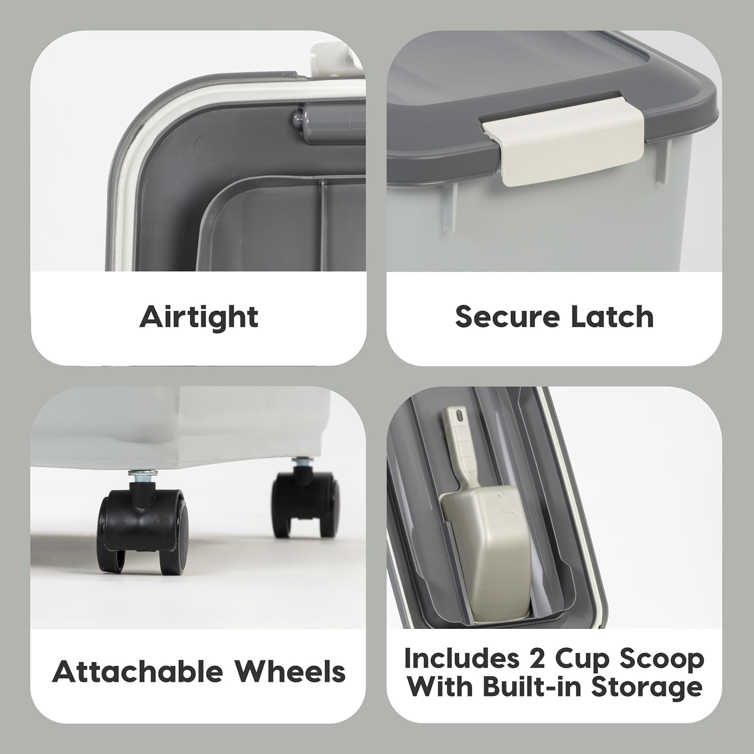 Dog Food Storage Container with Wheels, Airtight Lid, 2-Cup Scoop