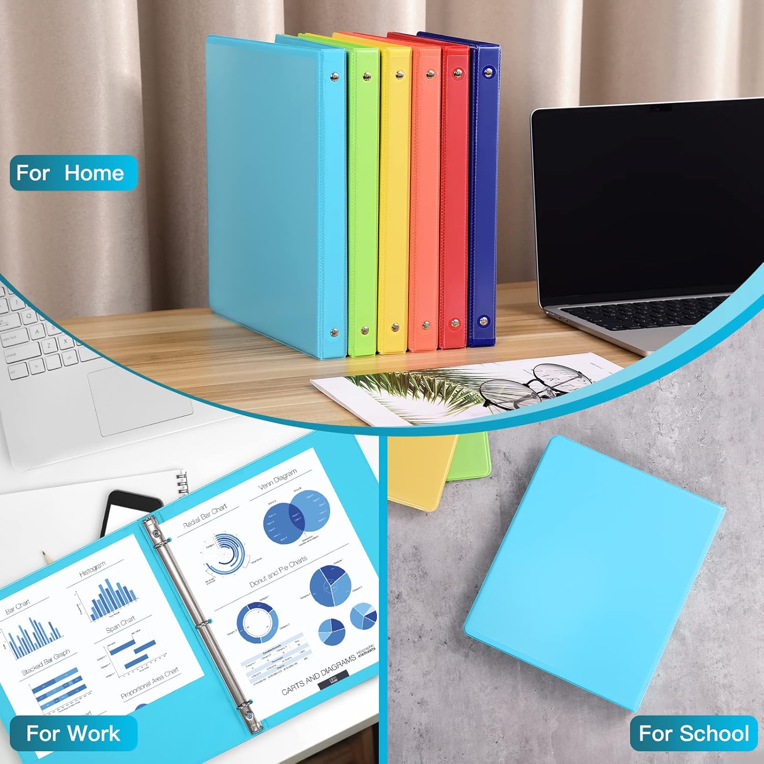 1-inch 3 Ring Binder with 2 Interior Pockets, 6 Pack