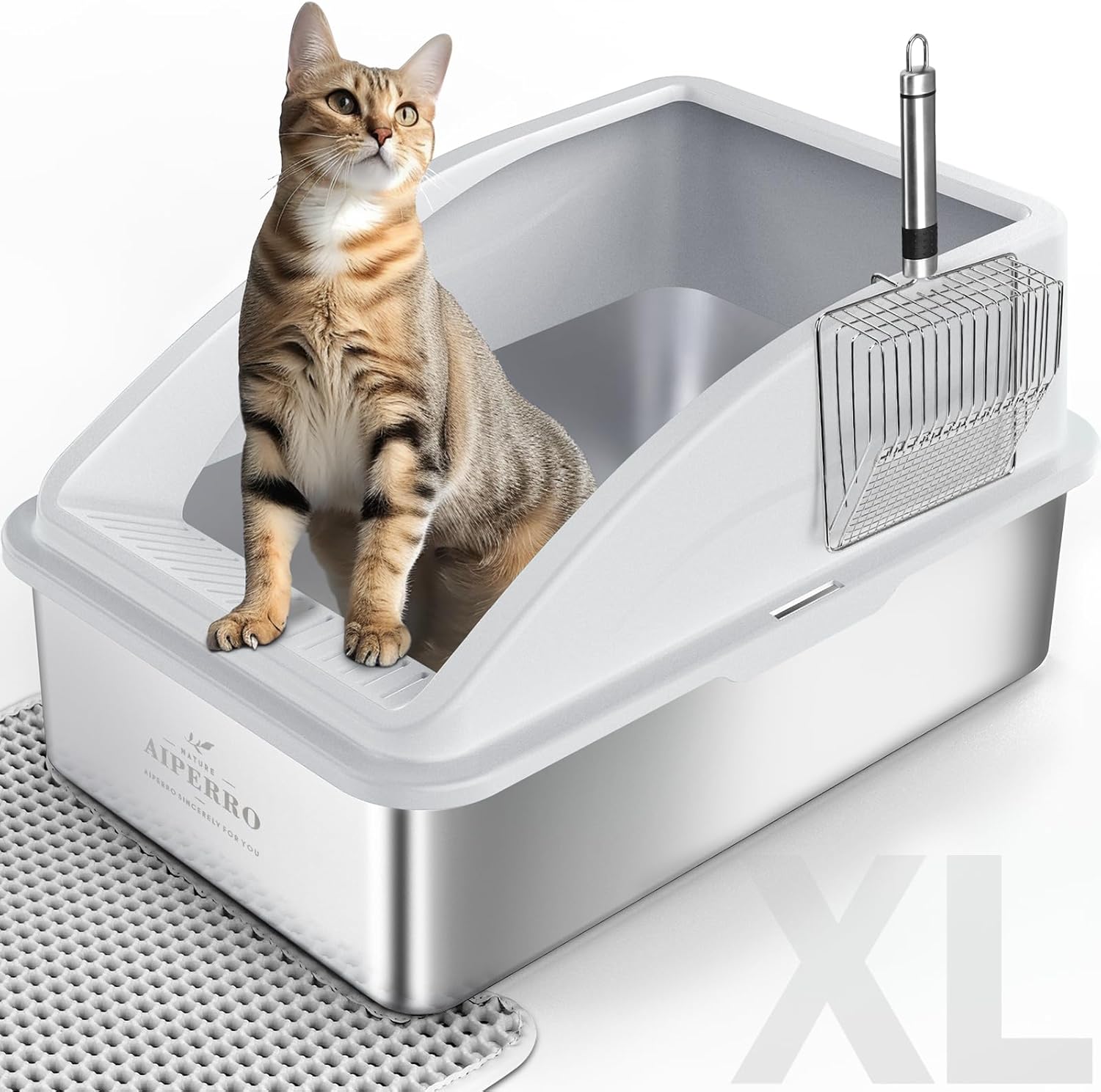 Cat Litter Box with Lid for Big Cats, Litter Mat & Metal Scoop