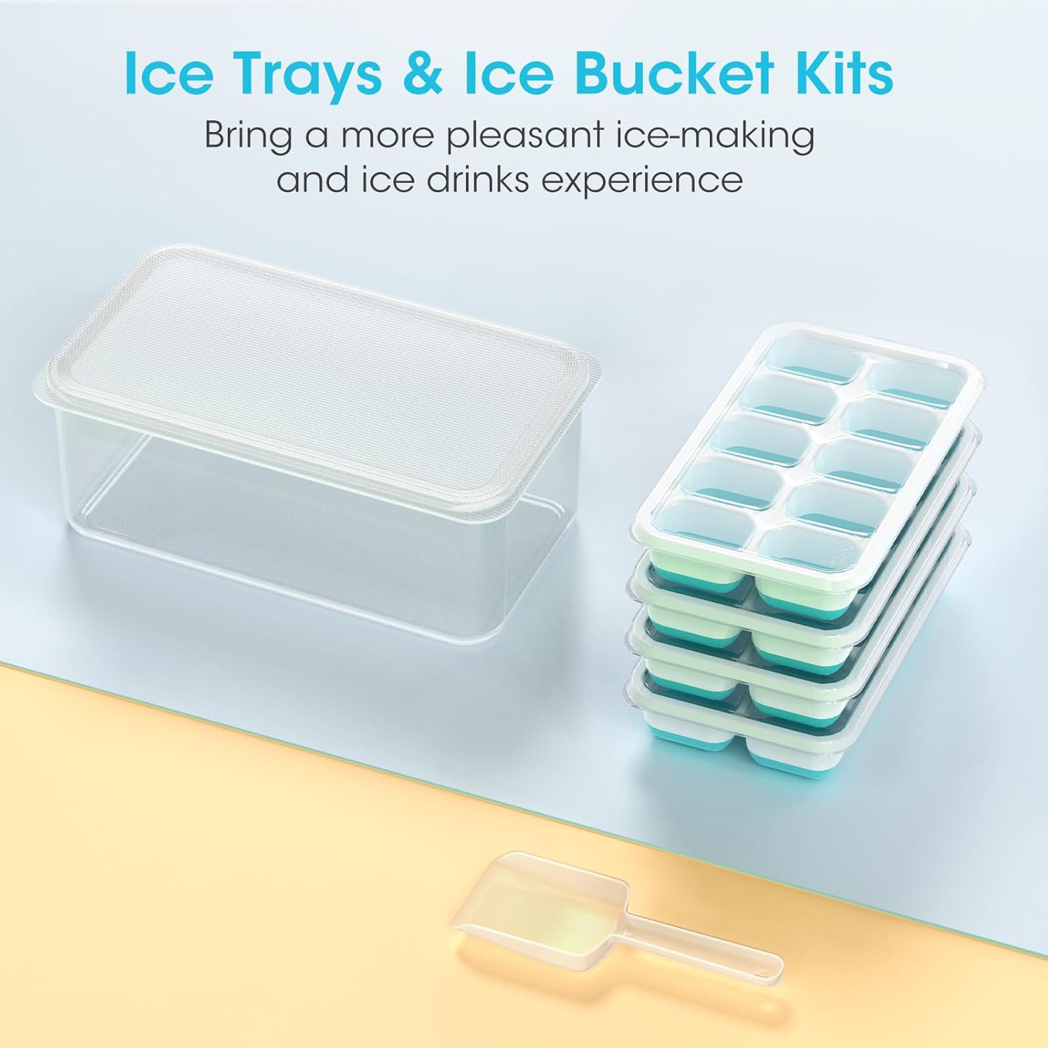 Ice Cube Tray with Lid and Bin, 4 Pack