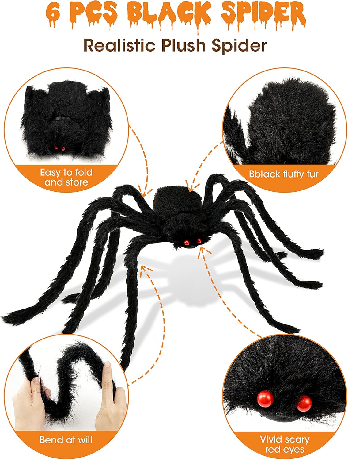 Halloween Plush Spiders Set,  6 Pcs