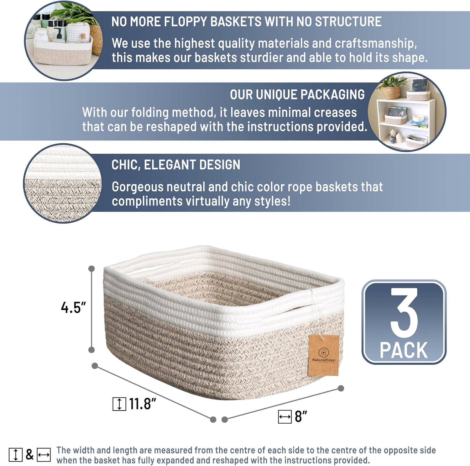 Storage Baskets for Shelves, 3 Pack