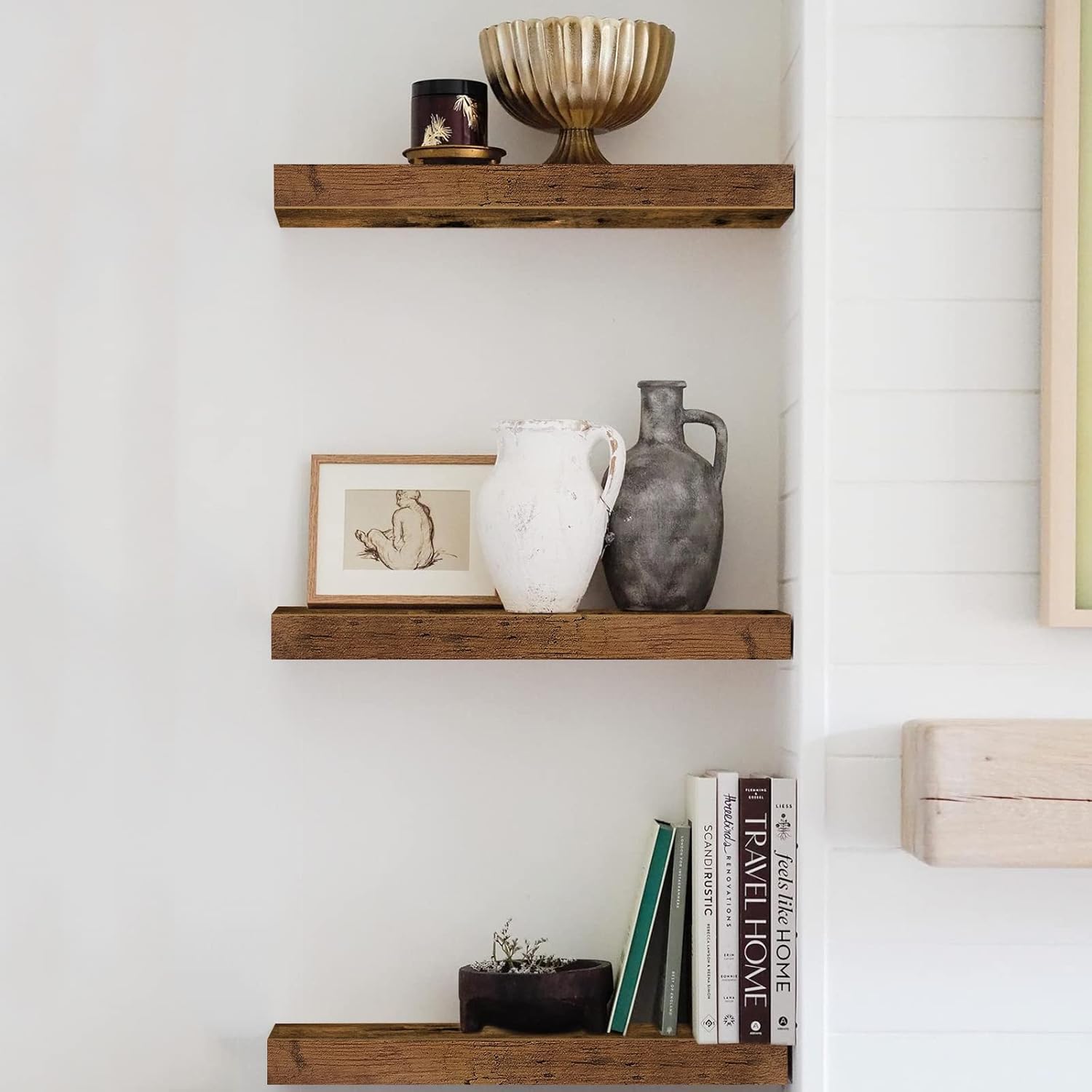 Floating Shelves 16 In, Set of 3, Rustic Brown