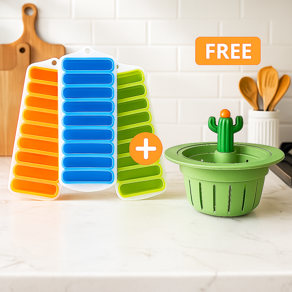 3 Pack Silicone Ice Stick Cube Trays with Free Cactus Kitchen Sink Strainer