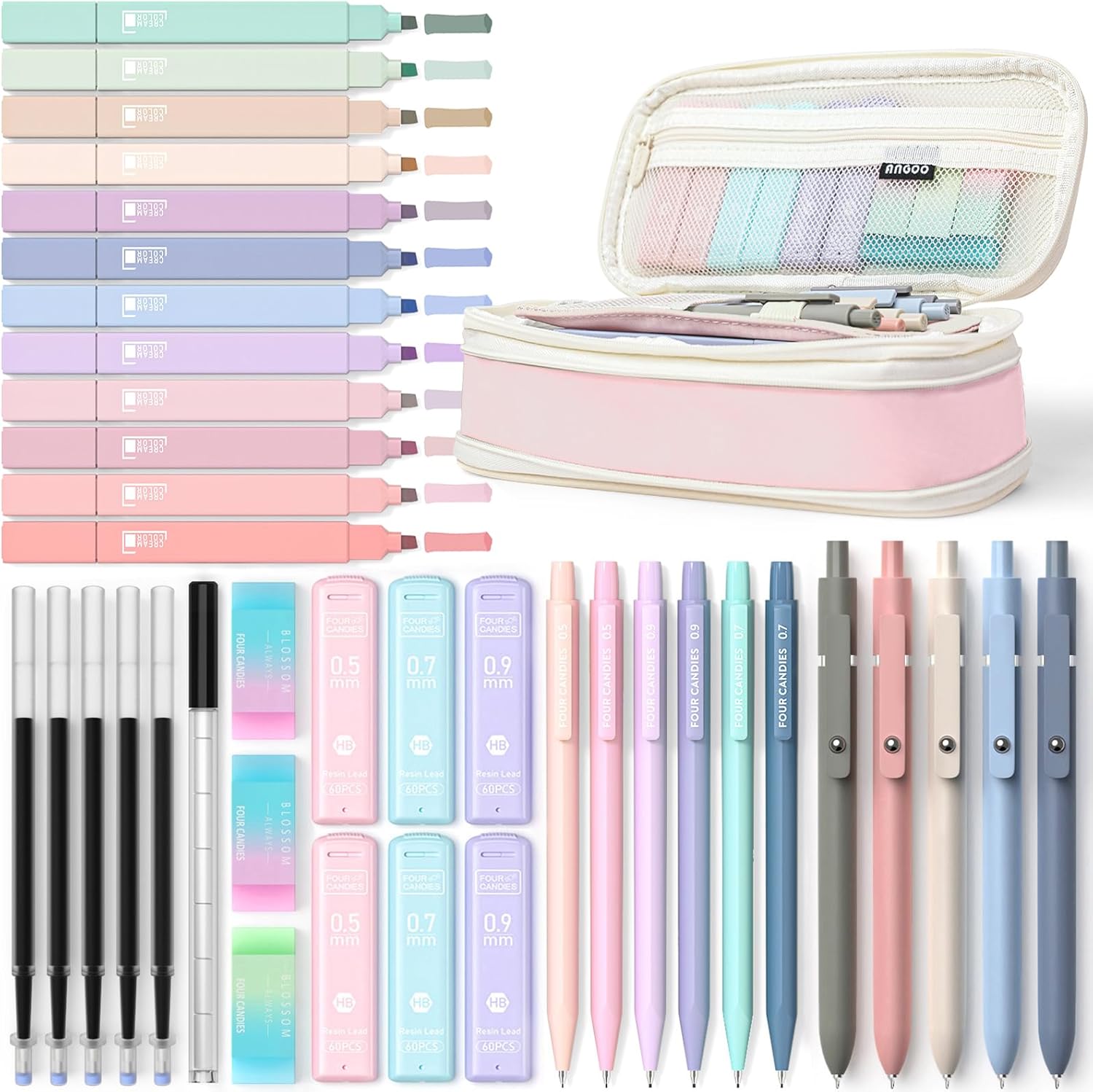 Four Candies 39 PCS Aesthetic School Supplies with Cute Pen Case, 12 Pastel Highlighters, 5 Black Ink Gel Pens, 6 Mechanical Pencils Set 0.5 & 0.7 mm for Students Stationary College Essentials