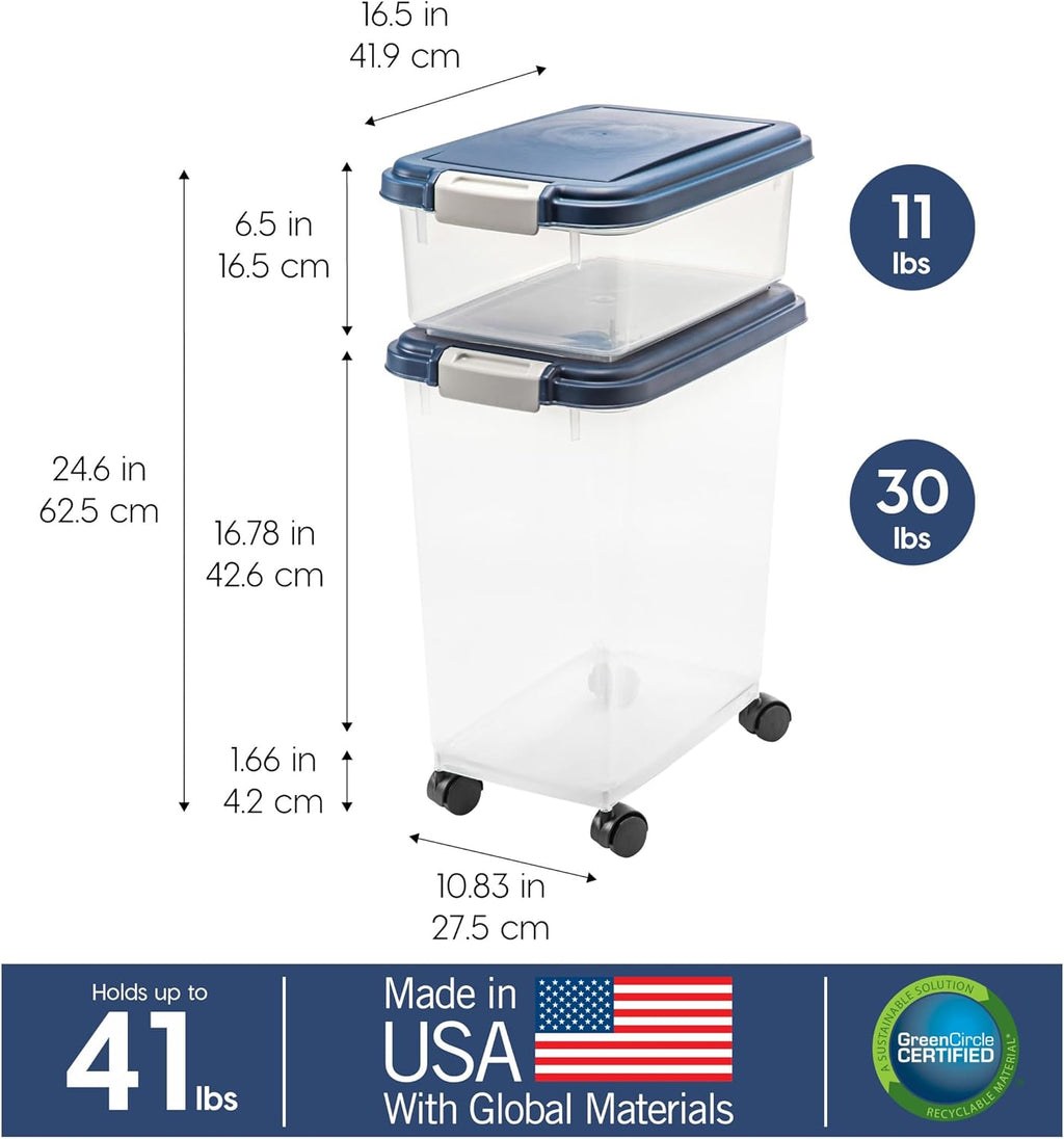 IRIS USA 30 lbs & 11 lbs Combo Airtight Dog Food Storage Container, Stackable Treat Box, Wheels, Keep Fresh, Easy Mobility, Navy