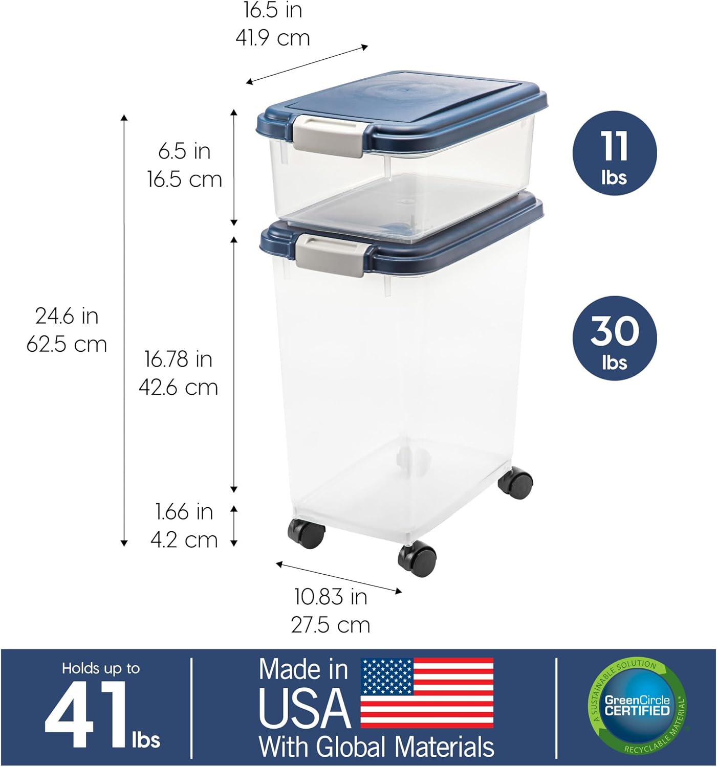 IRIS USA 30 lbs & 11 lbs Combo Airtight Dog Food Storage Container, Stackable Treat Box, Wheels, Keep Fresh, Easy Mobility, Navy