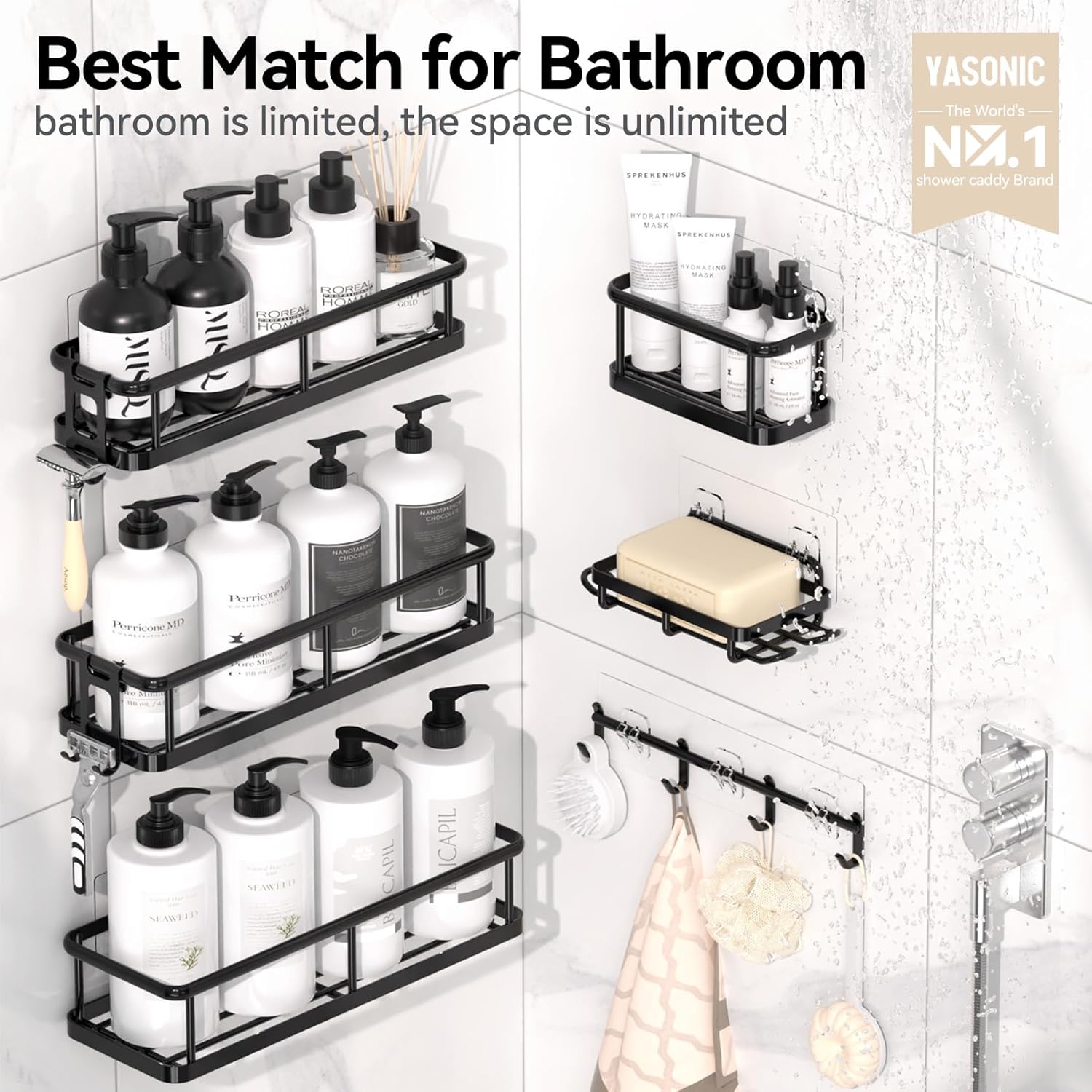 YASONIC Shower Caddy, 100% Rustproof Shower Shelves for Inside Shower, No Drilling Bathroom Organizers and Storage, 6 Pack Large Capacity Bathroom Caddy for Kitchen & Home Decor Visit the YASONIC Store