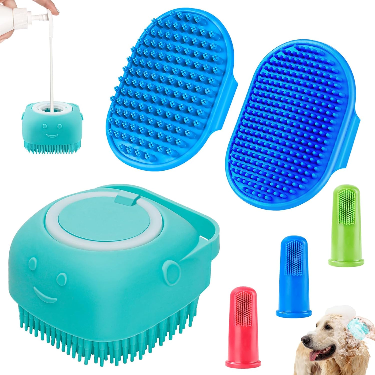 Comotech 6PCS Dog Bath Brush & Dog Toothbrush | Adjustable Handle Shampoo Brush & Scrubber for Short & Long Haired Dogs & Cats | Effectively Solve Odor & Stain Removal Problems | Pet Supplies (Blue)