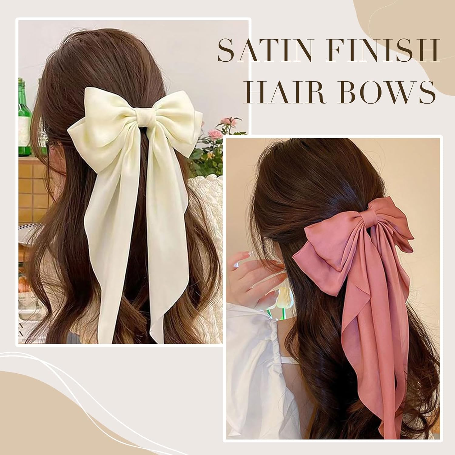 10 PCS Large Hair Ribbon Barrettes with Long Tails for Women & Girls, TOKUFAGU Vintage French Hair Accessories - Bow Clips in 10 Colors (Set A)