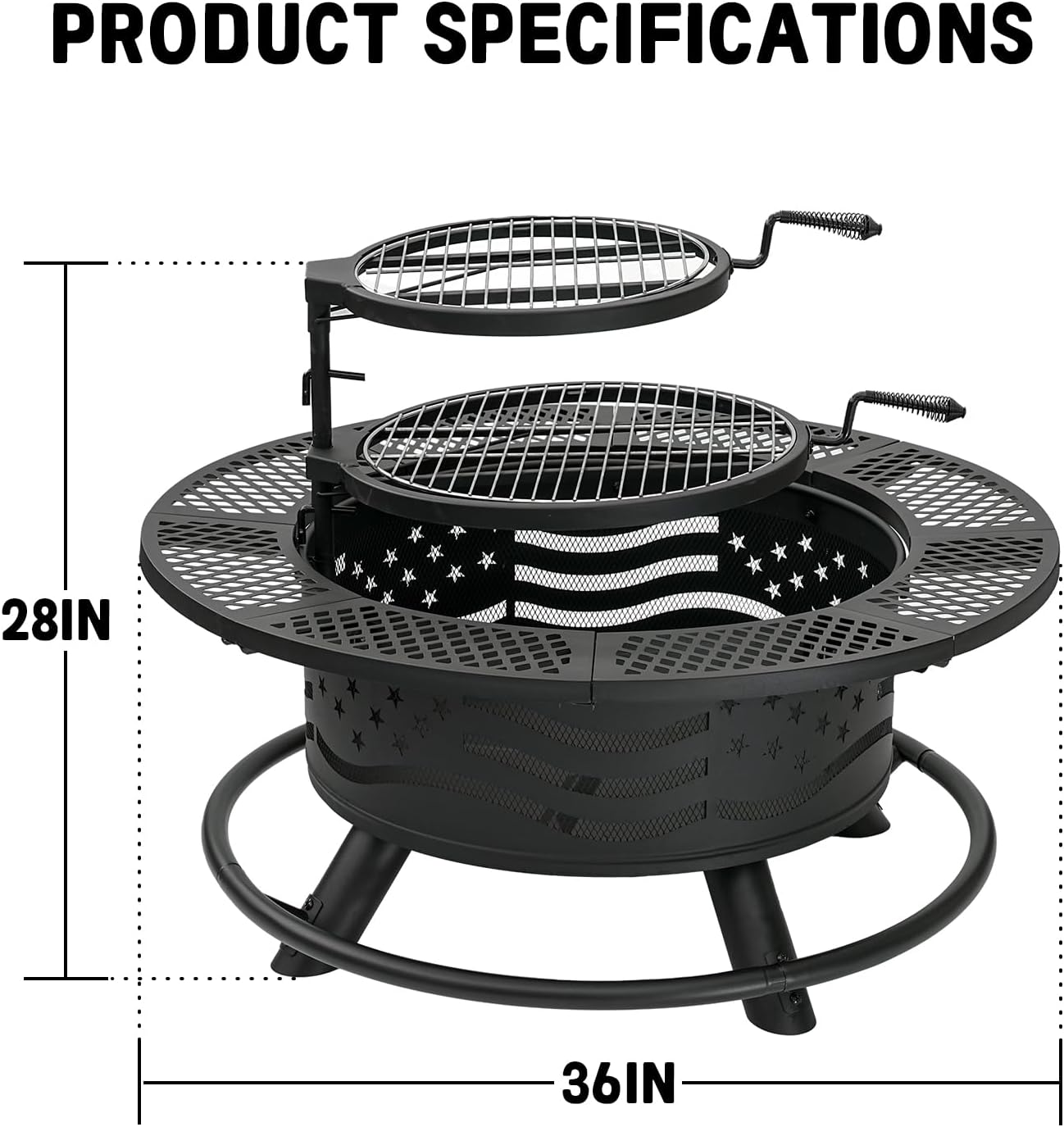 Outdoor Wood Burning BBQ Grill Firepit (Black, 36IN)