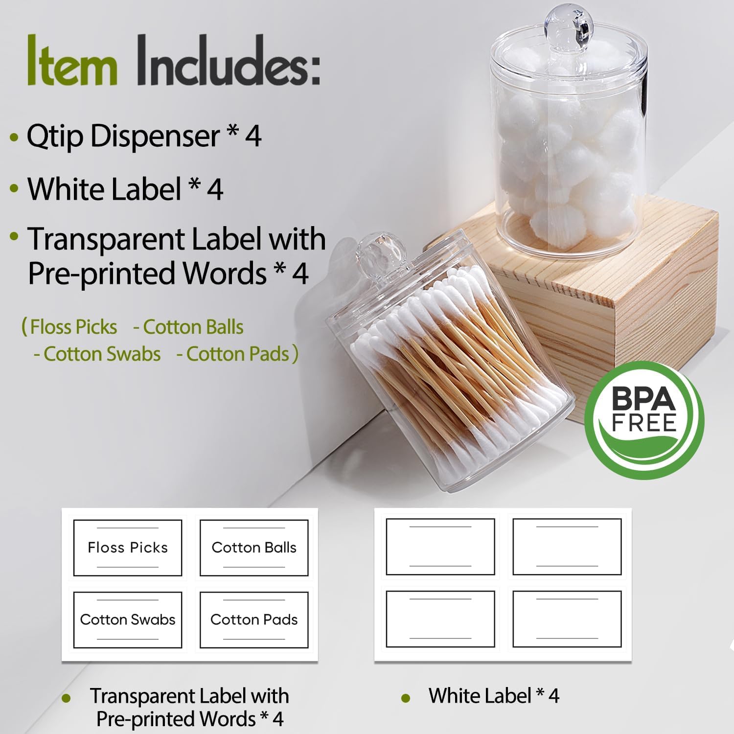 4 Pack Acrylic Qtip Holder Dispenser for Cotton Swabs, Balls, Pads, Floss Picks- Small Clear Plastic Canister Apothecary Jar Set, Bathroom Essentials Accessories Decor, Vanity Makeup Storage Organizer