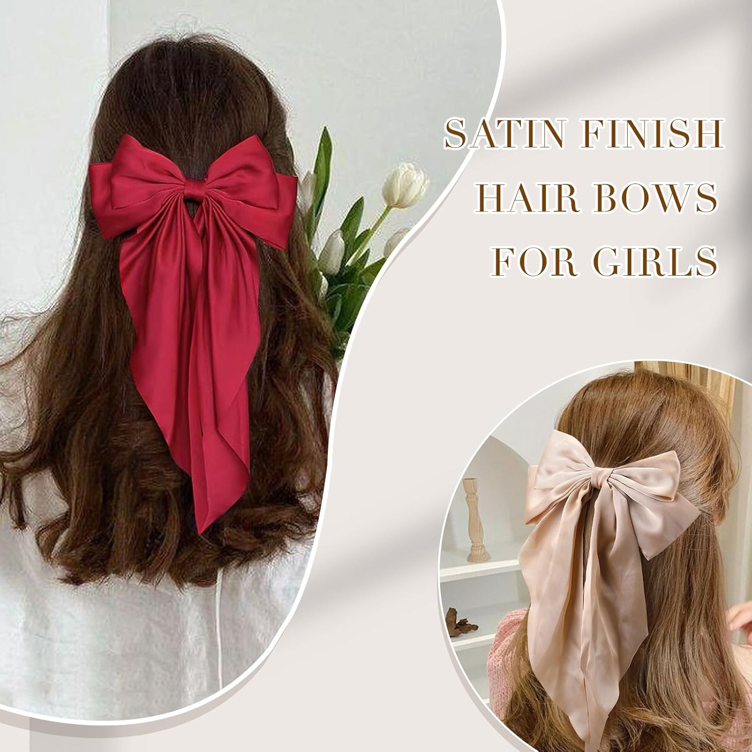 10 PCS Large Hair Ribbon Barrettes with Long Tails for Women & Girls, TOKUFAGU Vintage French Hair Accessories - Bow Clips in 10 Colors (Set A)