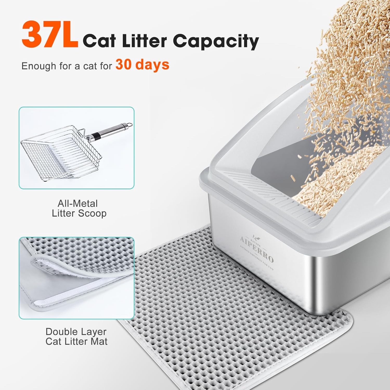 Cat Litter Box with Lid for Big Cats, Litter Mat & Metal Scoop