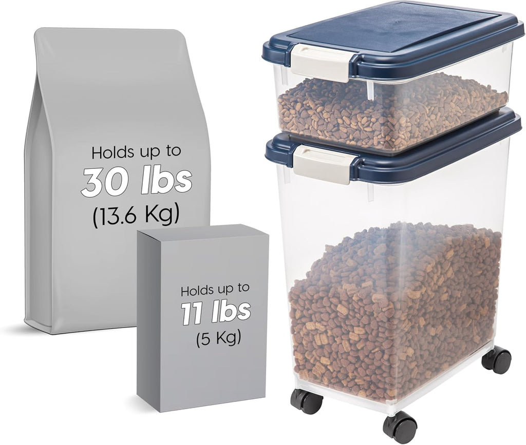IRIS USA 30 lbs & 11 lbs Combo Airtight Dog Food Storage Container, Stackable Treat Box, Wheels, Keep Fresh, Easy Mobility, Navy