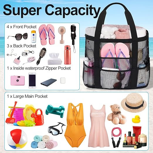 Personalized Mesh Beach Bag for Women - Waterproof Initial Tote Bag for Family Travel, Toys, Vacation Essentials