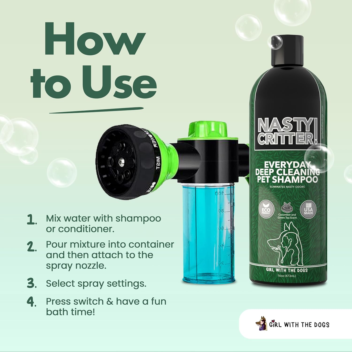 Soap & Shampoo Dispenser for Pet Wash and Garden Hose Sprayer Nozzle by Girl With The Dogs