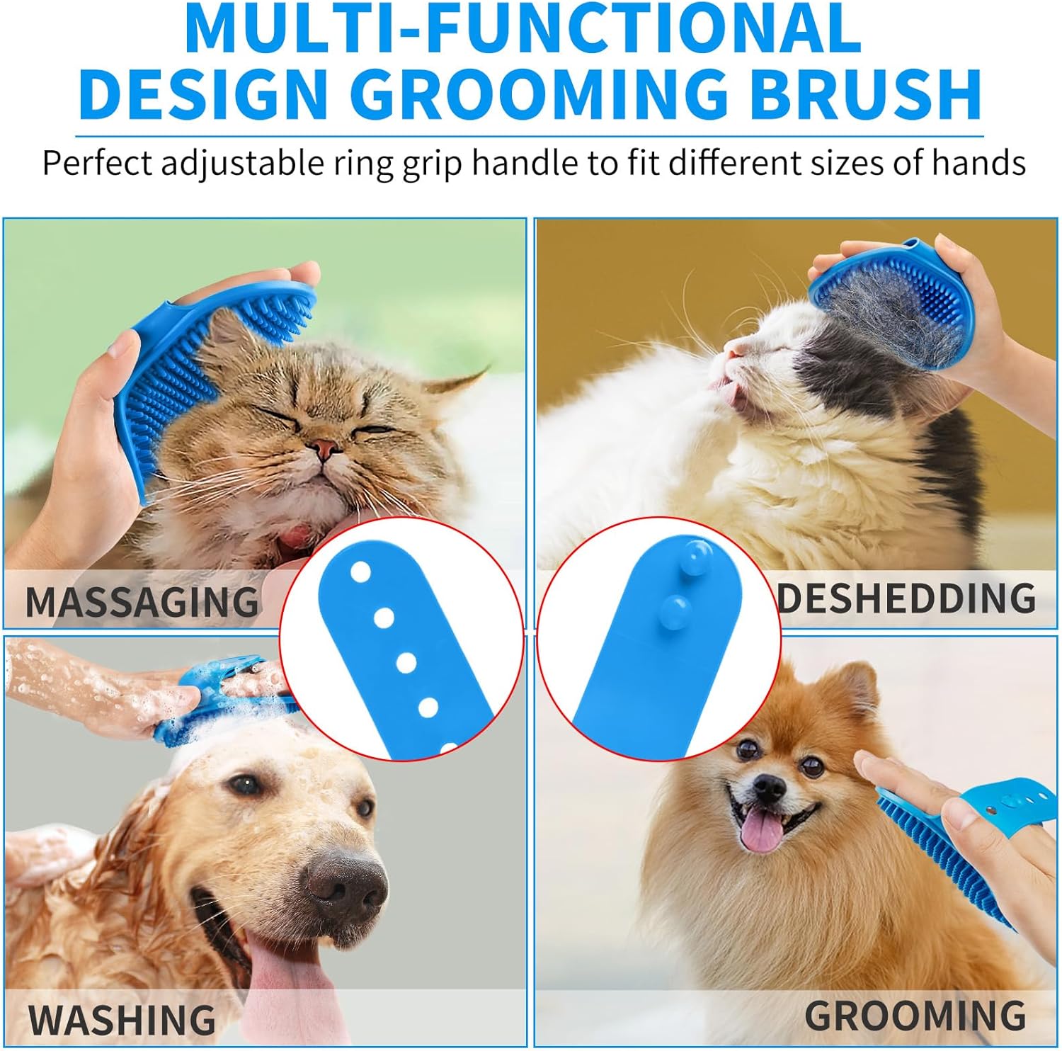 Comotech 6PCS Dog Bath Brush & Dog Toothbrush | Adjustable Handle Shampoo Brush & Scrubber for Short & Long Haired Dogs & Cats | Effectively Solve Odor & Stain Removal Problems | Pet Supplies (Blue)