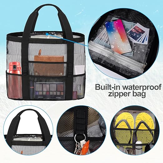 Personalized Mesh Beach Bag for Women - Waterproof Initial Tote Bag for Family Travel, Toys, Vacation Essentials