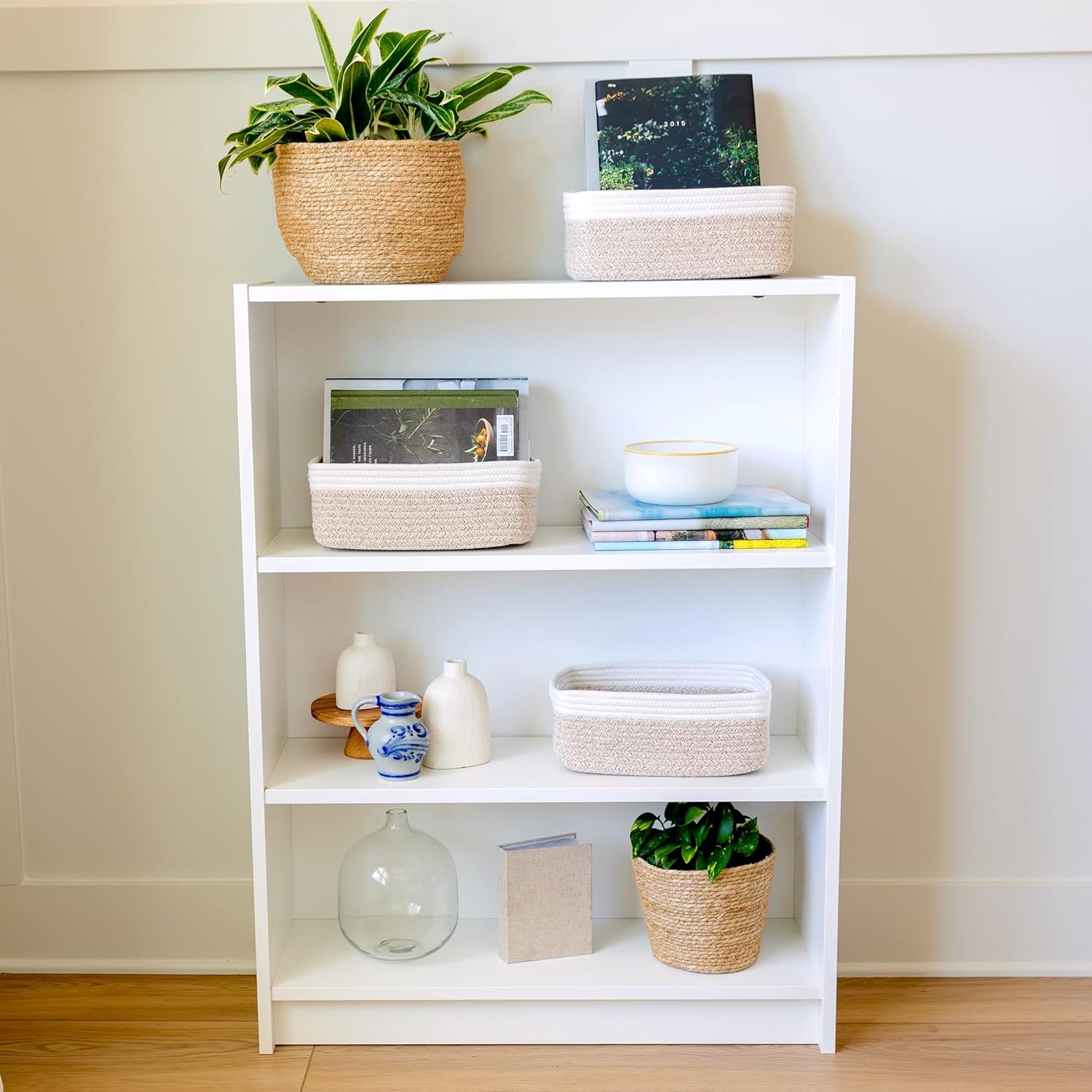 NaturalCozy 11.8"x8"x4.5” Storage Baskets for Shelves 3 Pack | Cotton Rope Woven Small Baskets for Organizing | Small Storage Bins for Nursery, Bathroom, Closet, Cube Shelf, Decorative, Gift Basket