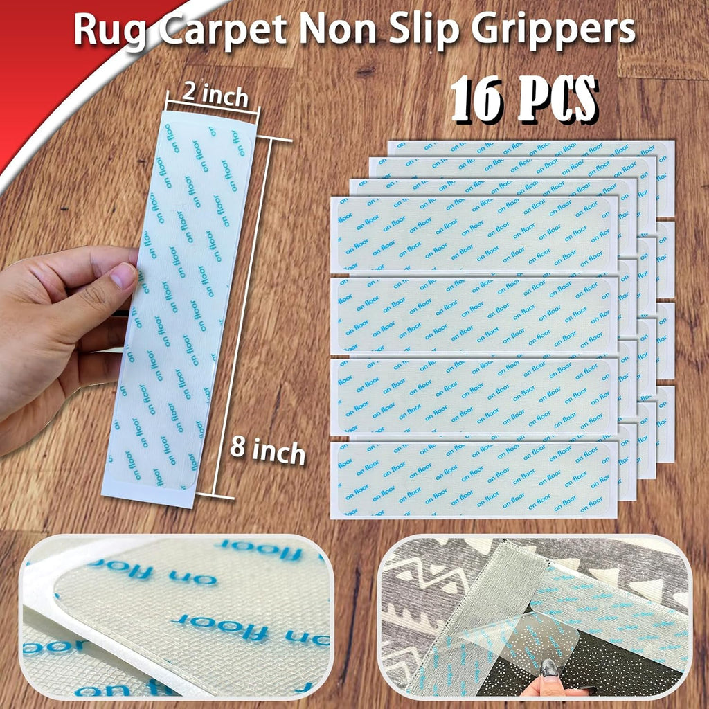 Rug Carpet Non Slip Grippers, 16Pcs Large Carpet Tape Pads Reusable, Removable Strong Adhesive Without Residue, Double Sided Rug Carpet Tape Strips