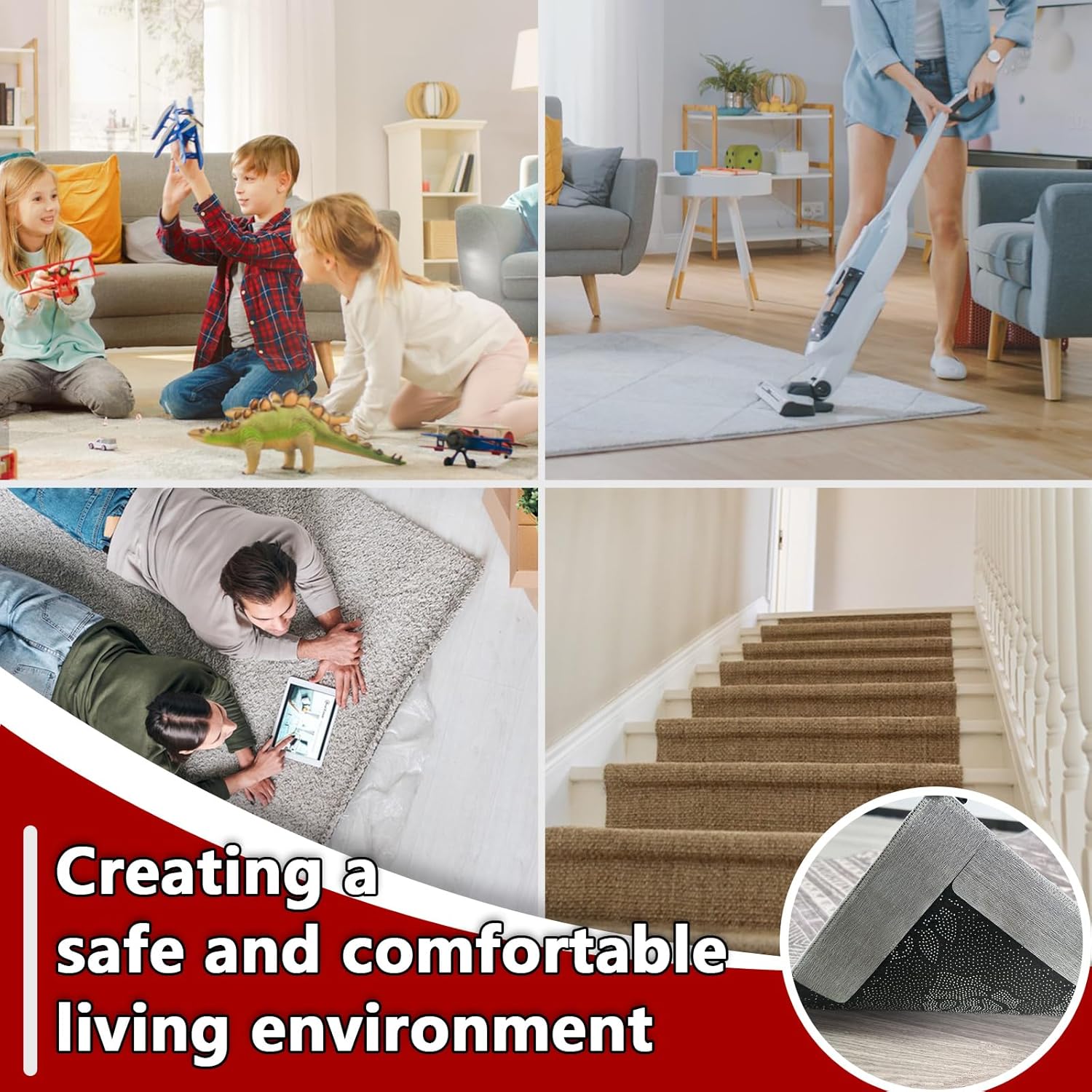Rug Carpet Non Slip Grippers, 16Pcs Large Carpet Tape Pads Reusable, Removable Strong Adhesive Without Residue, Double Sided Rug Carpet Tape Strips