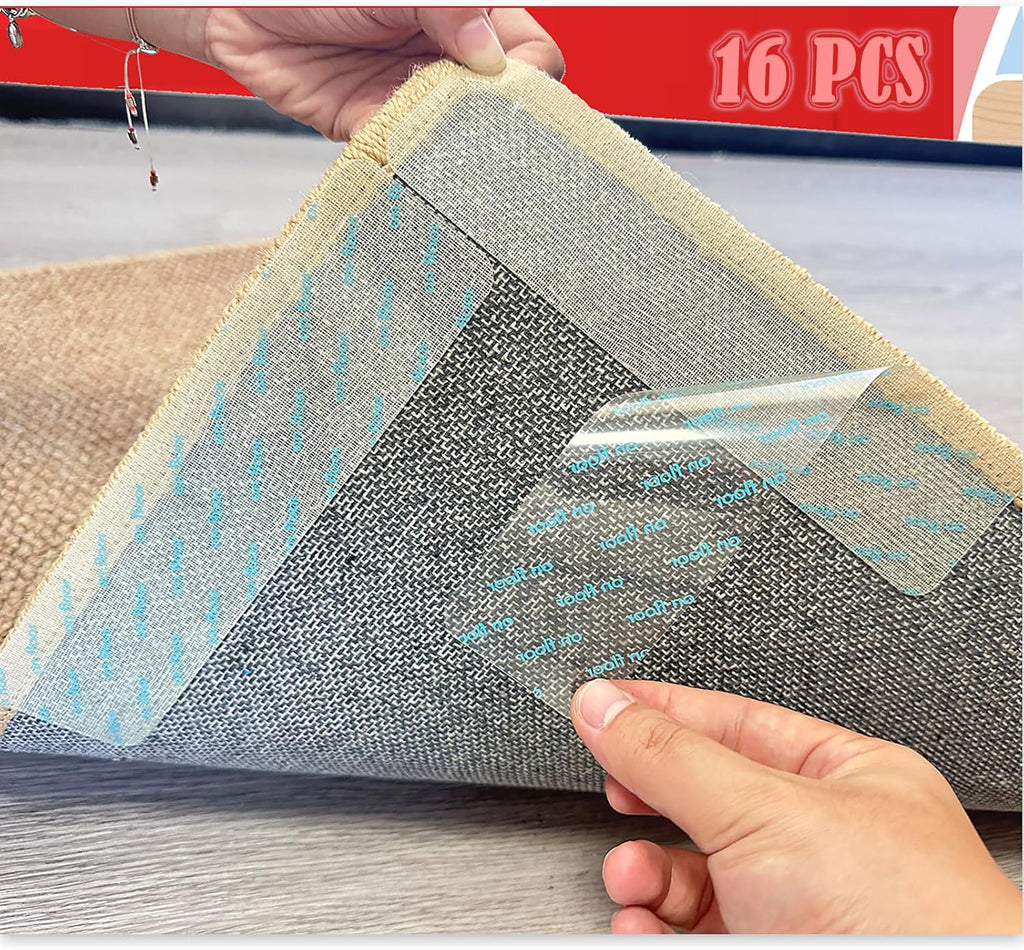 Rug Carpet Non Slip Grippers, 16Pcs Large Carpet Tape Pads Reusable, Removable Strong Adhesive Without Residue, Double Sided Rug Carpet Tape Strips