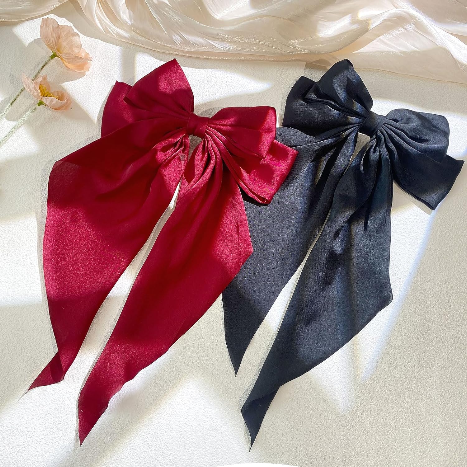 10 PCS Large Hair Ribbon Barrettes with Long Tails for Women & Girls, TOKUFAGU Vintage French Hair Accessories - Bow Clips in 10 Colors (Set A)