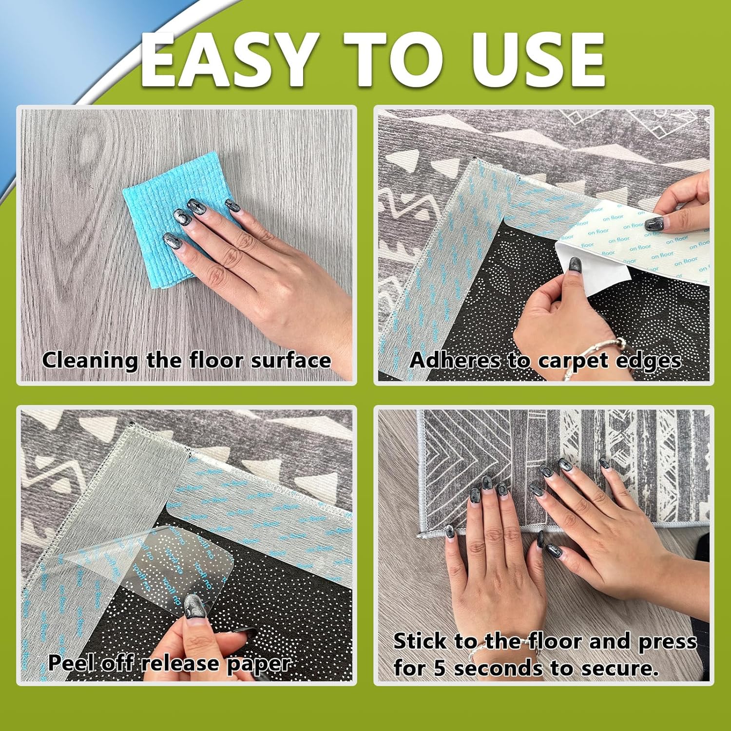 Rug Carpet Non Slip Grippers, 16Pcs Large Carpet Tape Pads Reusable, Removable Strong Adhesive Without Residue, Double Sided Rug Carpet Tape Strips