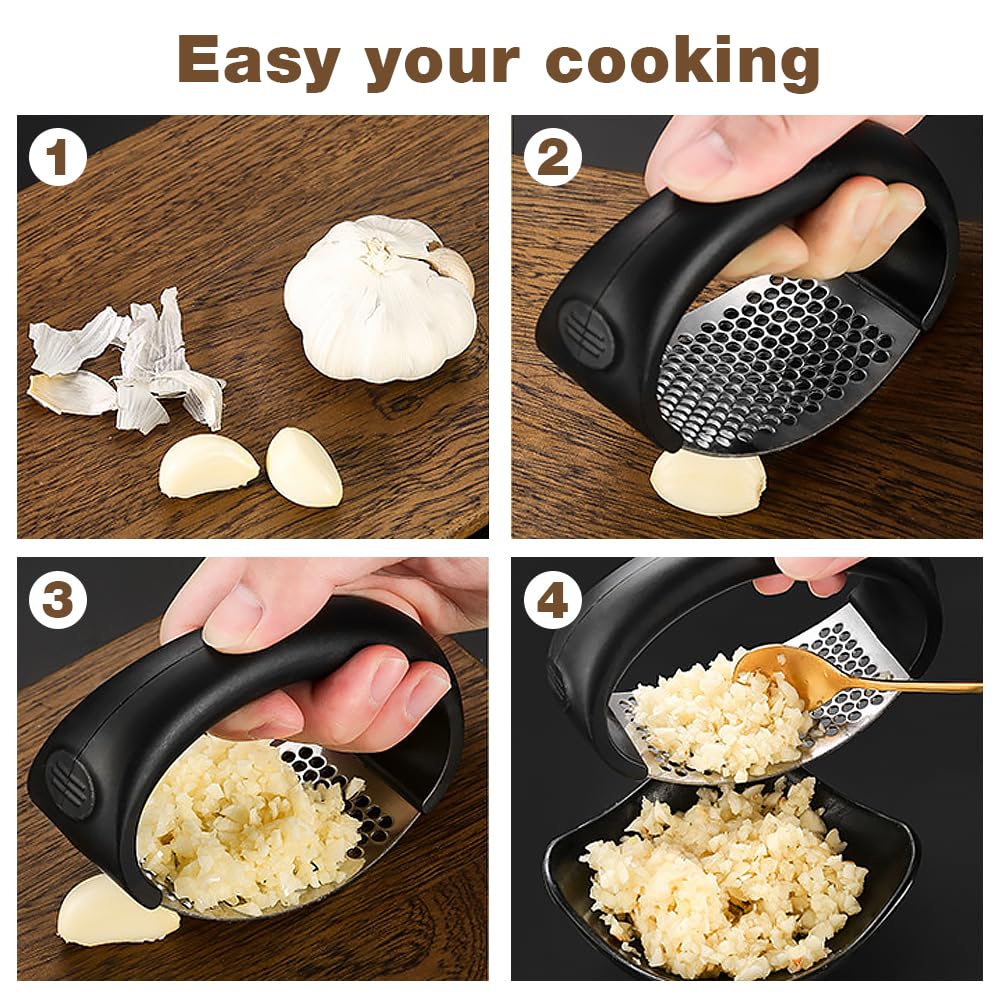 Stainless Steel Garlic Rocker, Manual Garlic Press, Premium Garlic Mincer Garlic Crusher, New Innovative Garlic Chopper with Peeler and Scraper for Comfortable Grip (1, black)