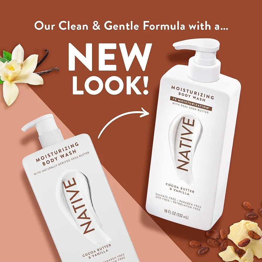 Native Moisturizing Body Wash Contains Naturally Derived Ingredients | for Women & Men, Sulfate, Paraben, & Dye Free Leaving Skin Soft & Hydrated | Cocoa Butter & Vanilla 18 oz