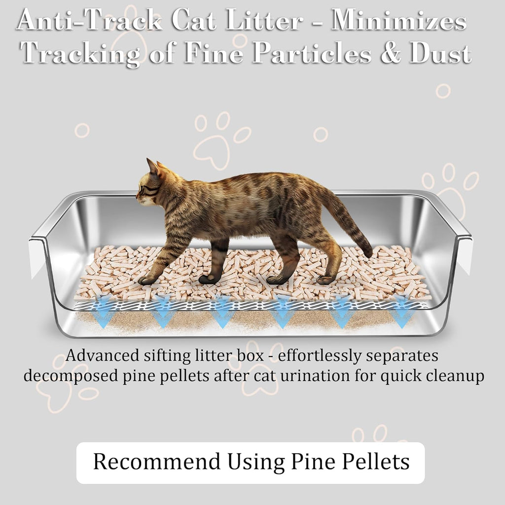 Stainless Steel Sifting Cat Litter Box for Pine Pellets, XL Extra Large Metal Cat Litter Box Sifter Pan with Litter Scoop, Low Dust, Odor Control, Easy Cleaning