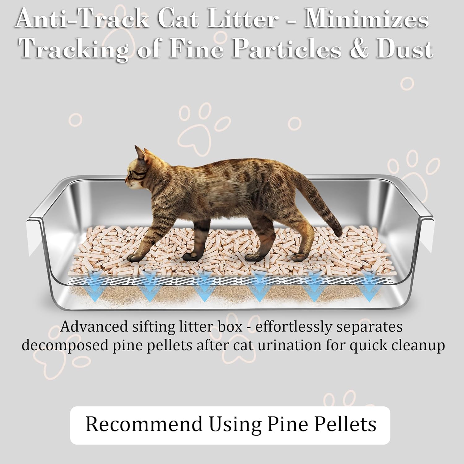 Stainless Steel Sifting Cat Litter Box for Pine Pellets, XL Extra Large Metal Cat Litter Box Sifter Pan with Litter Scoop, Low Dust, Odor Control, Easy Cleaning