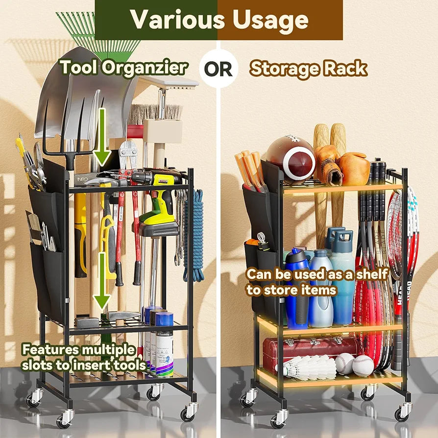 SUFAUY Garden Tool Organizer with Wheels, Yard Tower Rack Holds 40 Long Handled Tools, Heavy-Duty Steel Garage Tool Stand with Hooks and Versatile Pocket, Black