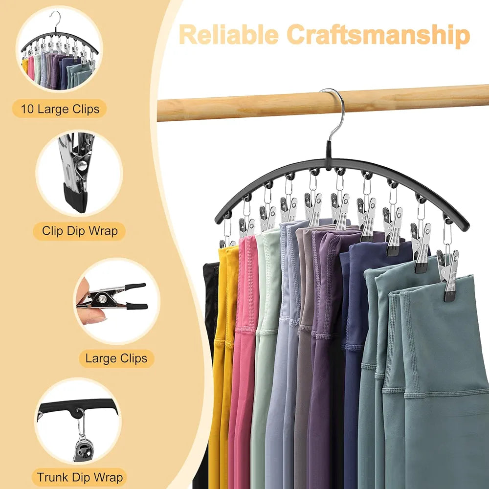 Legging Organizer for Closet, Metal Yoga Pants Hangers 2 Pack w/10 Clips Holds 20 Leggings, Space Saving Hanging Closet Organizer w/Rubber Coated Closet Organizers and Storage, Black