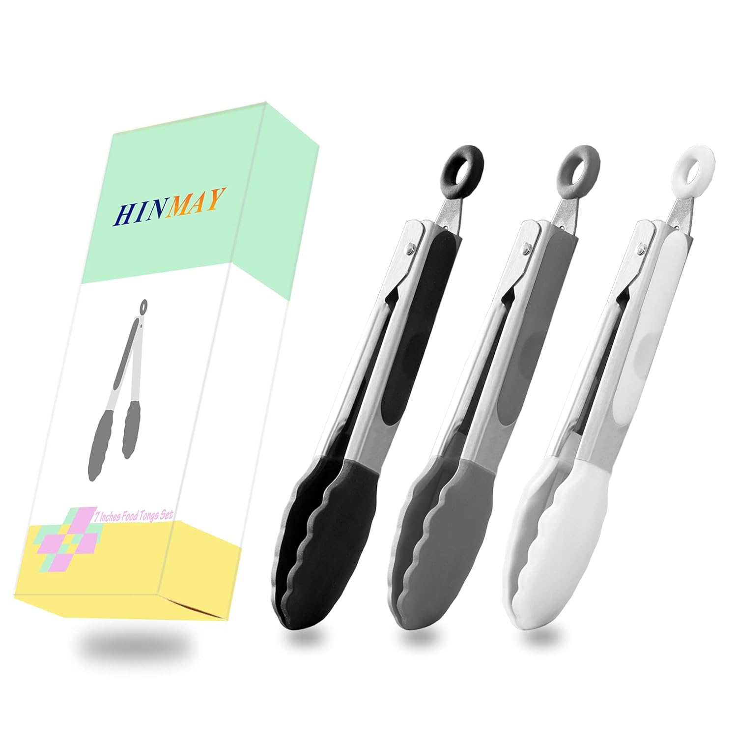 Small Silicone Tongs 7-Inch Mini Serving Tongs, Set of 3 (Black Gray White)