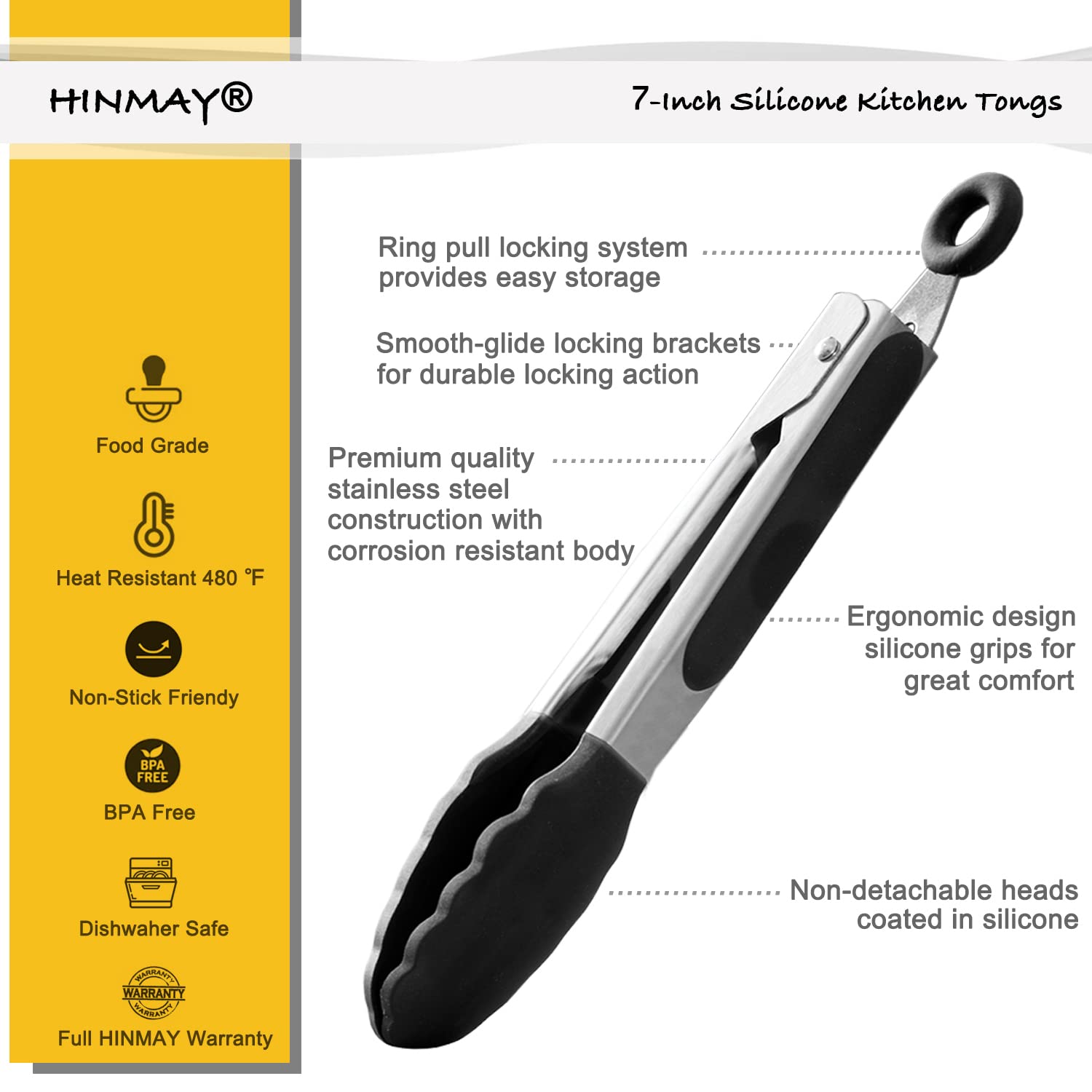 Small Silicone Tongs 7-Inch Mini Serving Tongs, Set of 3 (Black Gray White)