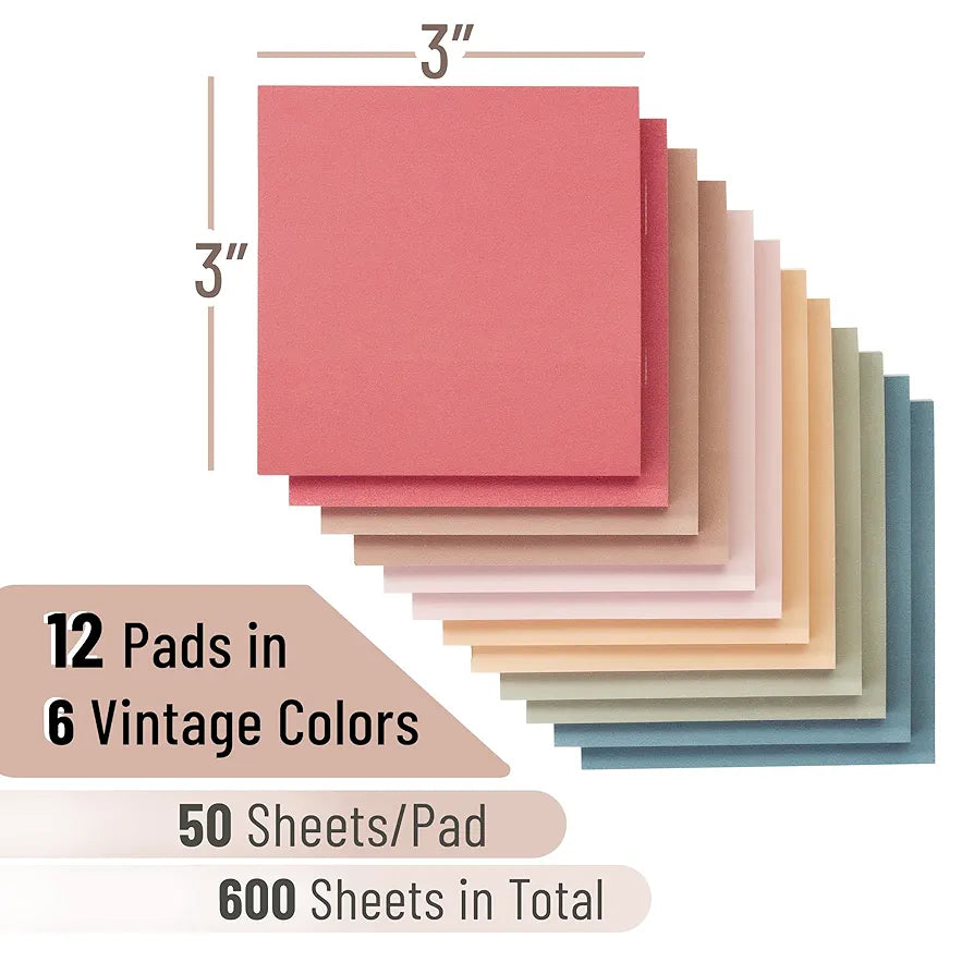 Mr. Pen- Sticky Notes, 3"x3", 12 Pads, Vintage Colors, Self-Stick Pads, Aesthetic, Colorful, Bulk