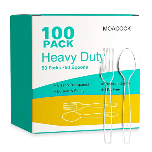 100 Count Plastic Silverware, Heavy Weight Plastic Forks Spoons Disposable Utensils Cutlery Set for Wedding Party Supplies Everyday Use