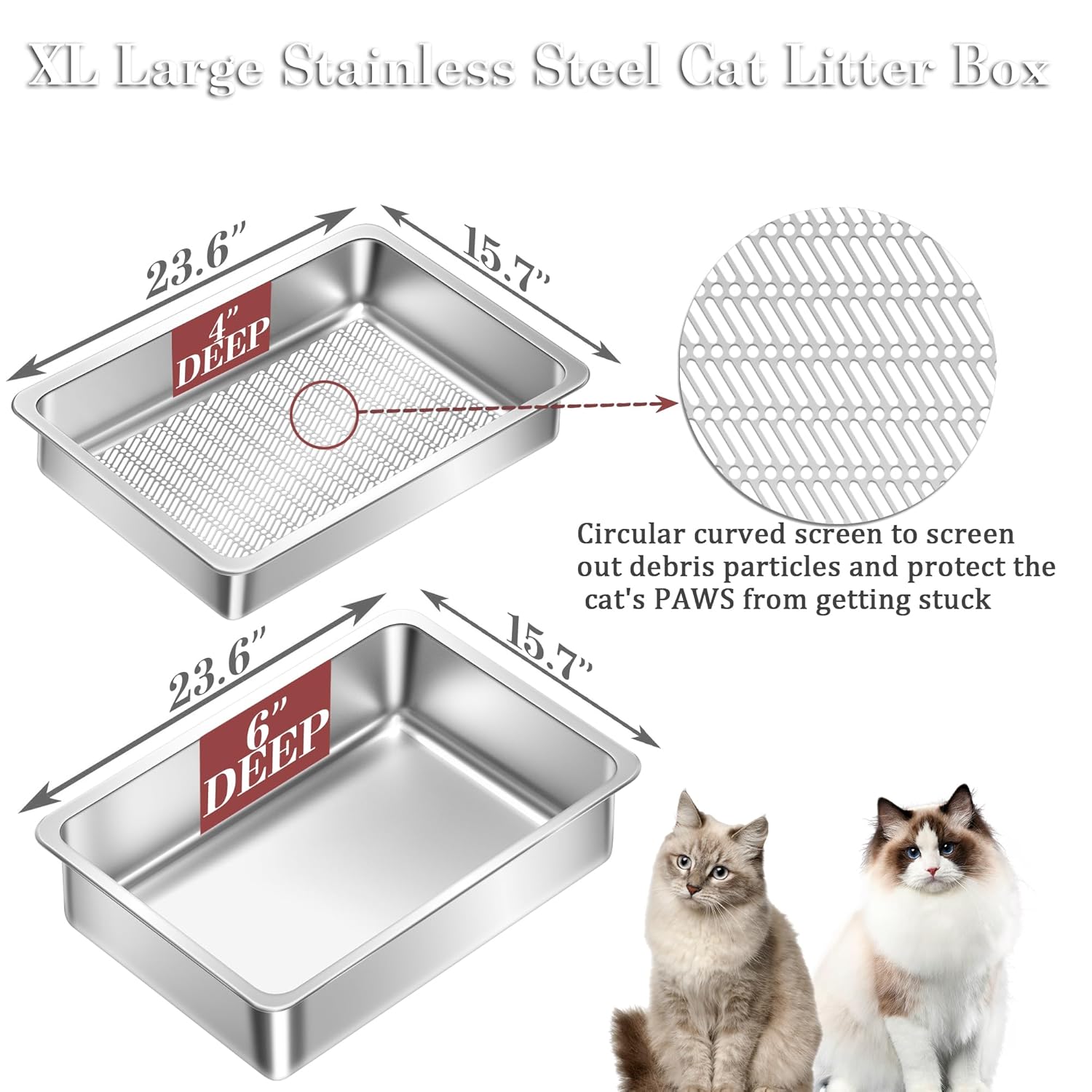 Stainless Steel Sifting Cat Litter Box for Pine Pellets, XL Extra Large Metal Cat Litter Box Sifter Pan with Litter Scoop, Low Dust, Odor Control, Easy Cleaning