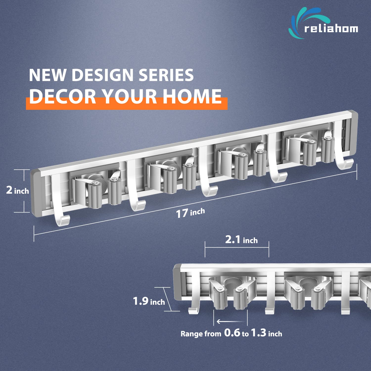 Broom Holder Wall Mount Mop and Broom Hanger Wall Mounted Garage Storage Rack Kitchen Garden Tool Organizer (4 Racks with 5 Hooks, Silver)