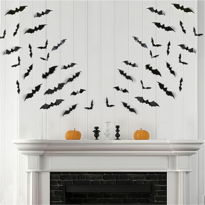 120pcs Halloween Bats Decorations Outdoor Indoor, Halloween Party Supplies, 3D Bat Stickers for Wall Window Home Kitchen Scary Decor (4 Sizes, Black)