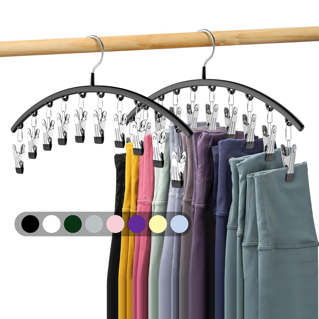 Legging Organizer for Closet, Metal Yoga Pants Hangers 2 Pack w/10 Clips Holds 20 Leggings, Space Saving Hanging Closet Organizer w/Rubber Coated Closet Organizers and Storage, Black