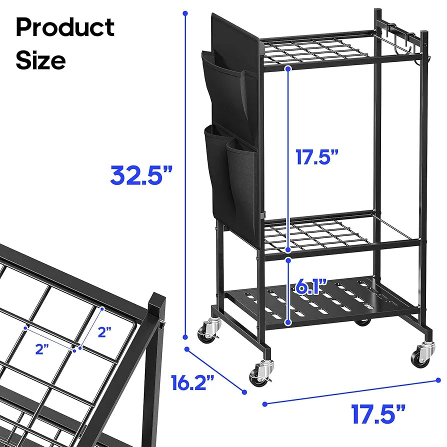 SUFAUY Garden Tool Organizer with Wheels, Yard Tower Rack Holds 40 Long Handled Tools, Heavy-Duty Steel Garage Tool Stand with Hooks and Versatile Pocket, Black