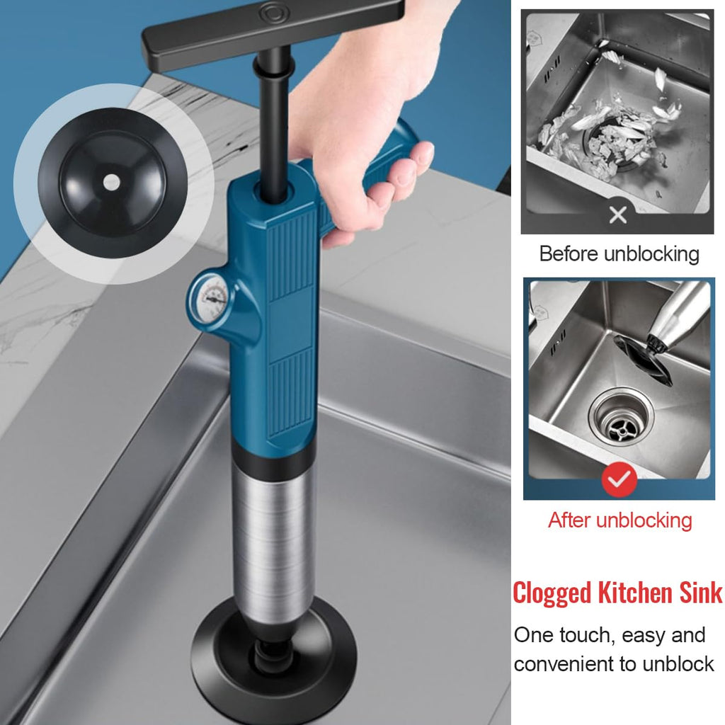 Toilet Plunger, Stainless Steel Toilet Unclogger for Clogged Toilets, High Pressure Plunge Blaster, Heavy Duty Air Plunger for Toilet, Bathroom, Floor Drain, Sink, Kitchen (Blue)