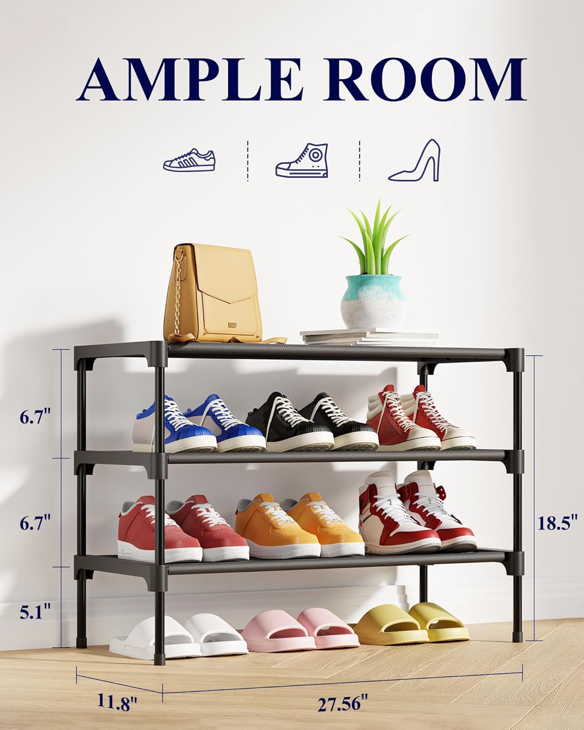 Kitsure Shoe Rack - Non-Woven Shoe Rack Shelf, Shoe Organizer for Closet, Entryway, Garage & Corridor, Stackable Shoe Shelves, Medium, Black