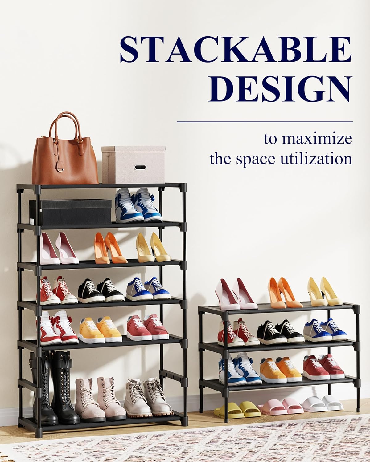 Kitsure Shoe Rack - Non-Woven Shoe Rack Shelf, Shoe Organizer for Closet, Entryway, Garage & Corridor, Stackable Shoe Shelves, Medium, Black