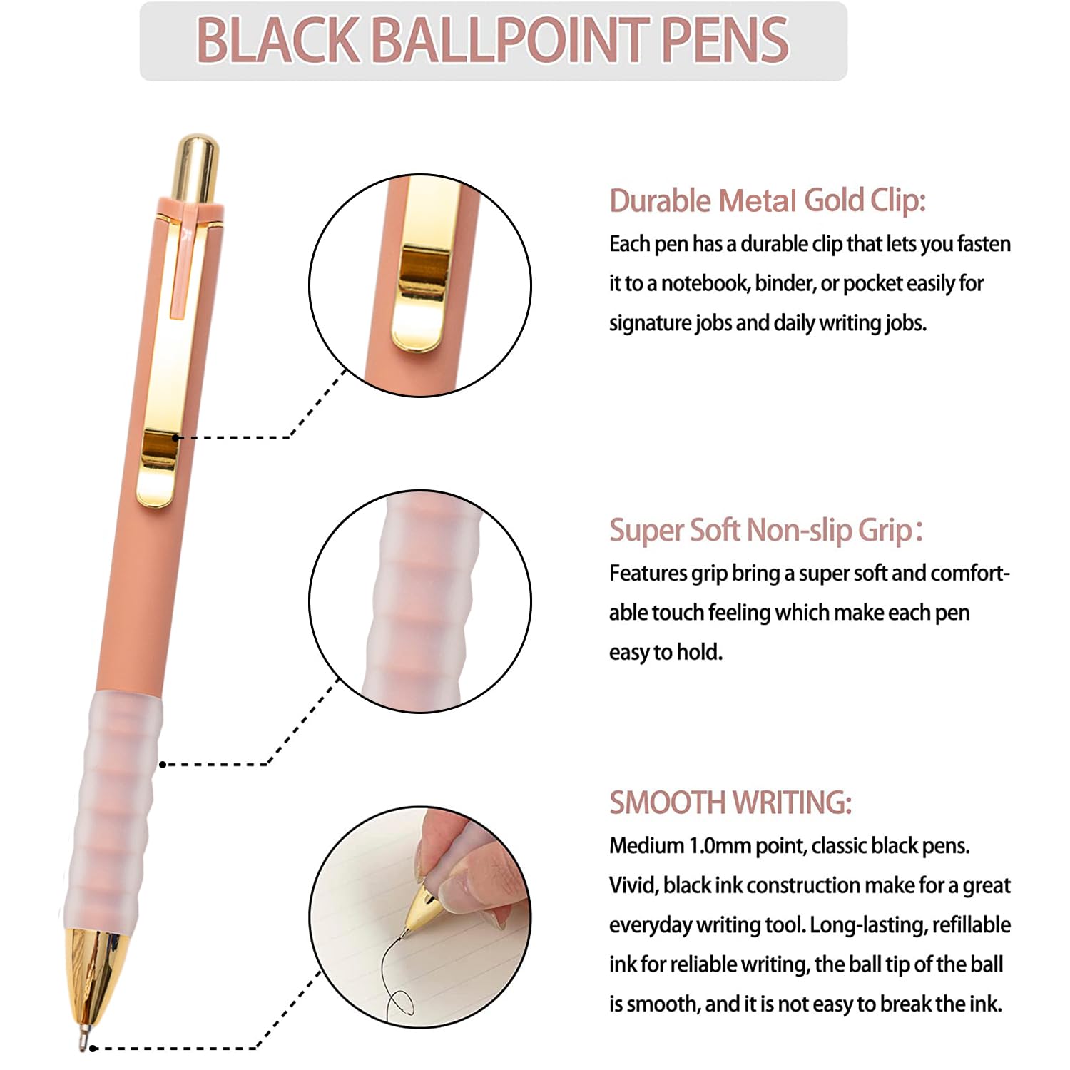Linbsunne Ballpoint Pens Black Medium Point 1mm Pen with Super Soft Grip Ball Point Pen for Men Women Retractable Pens (gold-12 pcs)